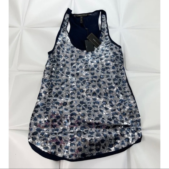 BCBG Maxazaria Womens Sz S Navy Blue Sequin Leopard Print Sweater Tank NEW - Picture 3 of 8